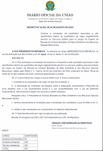 Governo autoriza nomeação de 257 aprovados no concurso do Ibama, realizado em 2021. - Créditos: Reprodução/DOU. Governo autoriza nomeação de 257 aprovados no concurso do Ibama, realizado em 2021. - Créditos: Reprodução/DOU.